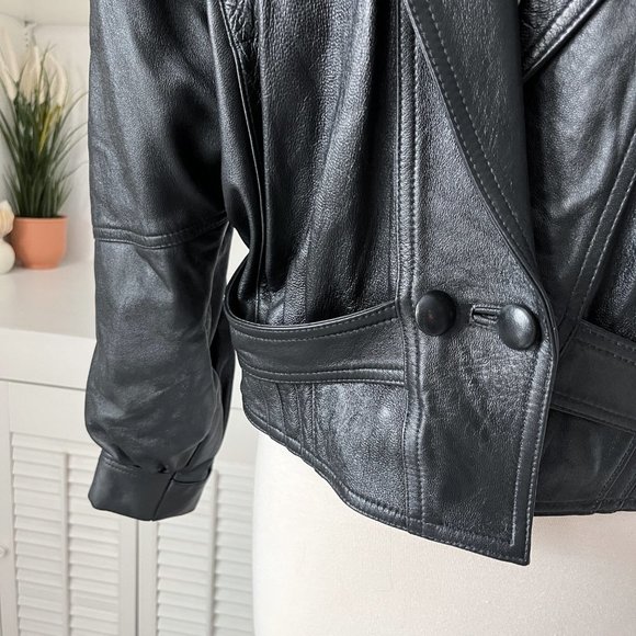 Vintage Black Leather Cropped V-Neck Leather Jacket | S/M - Picture 4 of 9